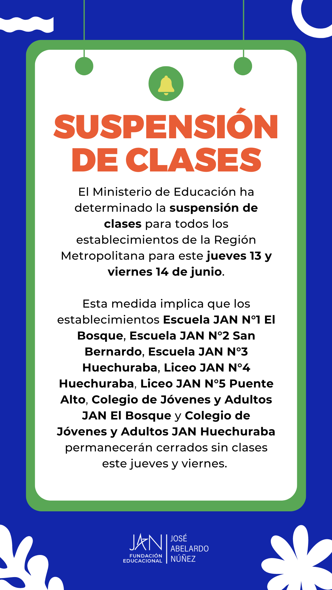 Comunicado suspensión de clases junio